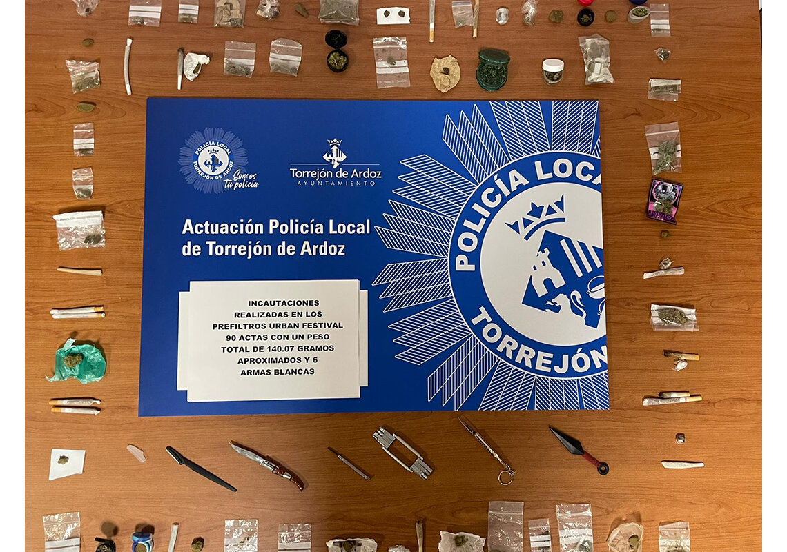 La Policía de Torrejón requisó diversas drogas y armas blancas en los controles de acceso al Urban Festival